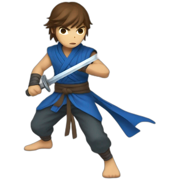ninja,barefoot,blue-sleeveless-outfit,brown-hair,running,2d-platformer,slashing-sword emoji