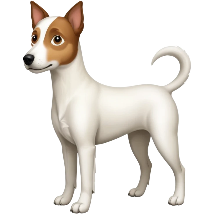 a full body large white parson russell looking dog the size of a kelpie with light brown ears and a light brown patch on one eye and a large snout emoji
