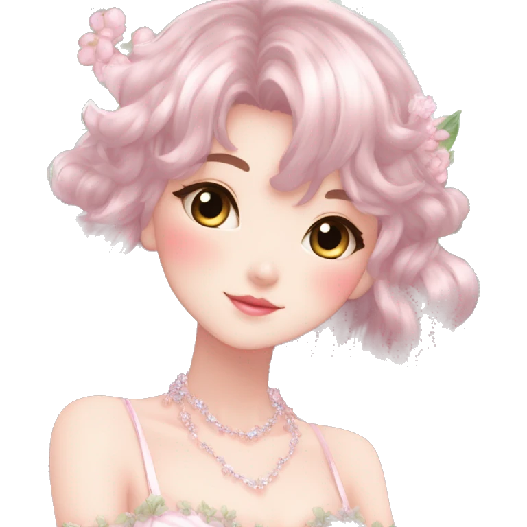 Dreamy pretty elegant kawaii shiny blushing shy anime lady kawaii beautiful hair naturecore fairycore cottagecore jewels trending aesthetic full body emoji