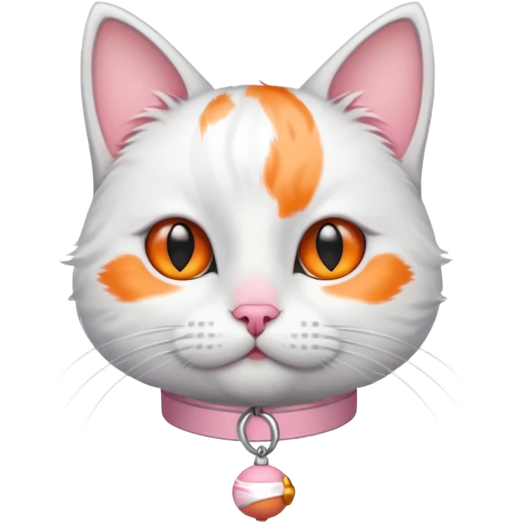 White cat with gray lines on the forehead, orange spot on the nose, collar with a pink bell emoji