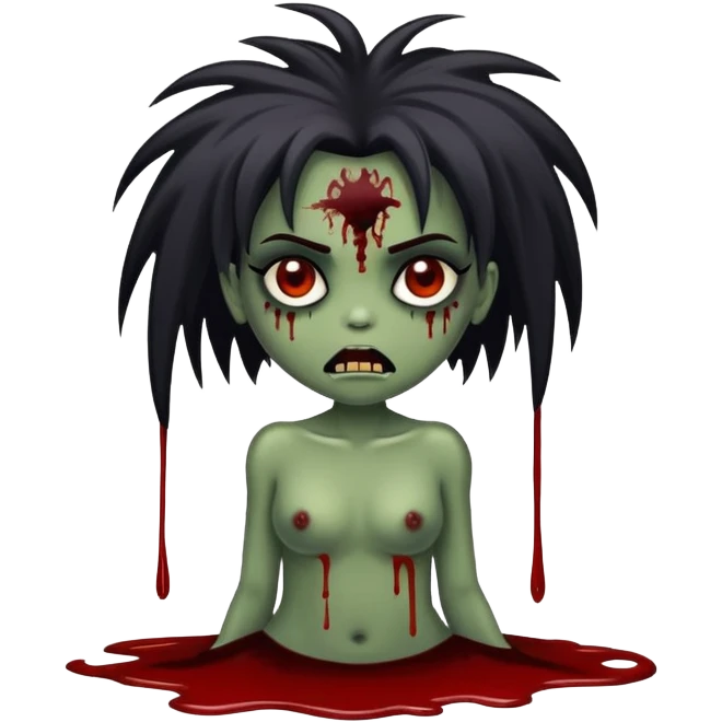 Uma garota zumbi de cabelo preto liso e uma franja emoji