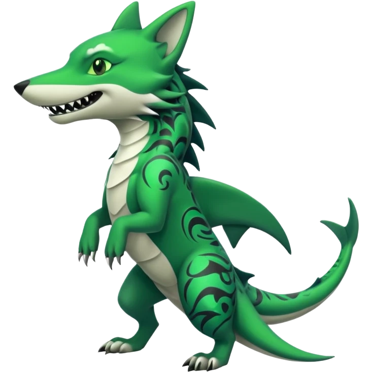 Edgy cool badass Neon-green landhai-sergal-wolf-canine, with a shark tail, with black and dark-green swirly patterns markings emoji
