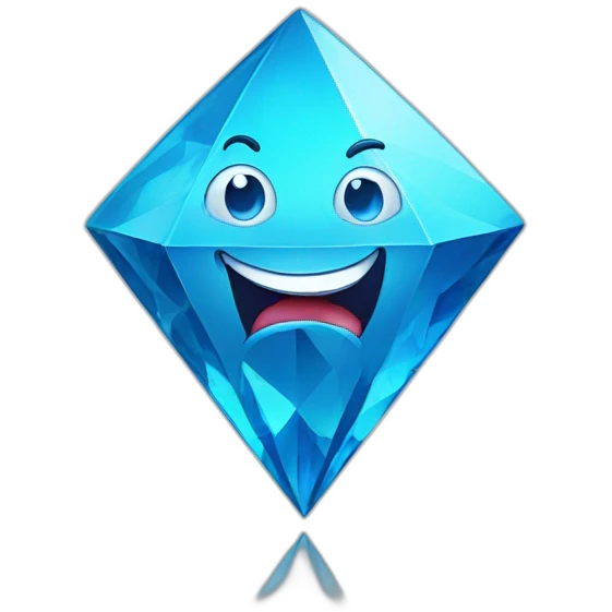 A blue diamond with a face, arms and legs doing something random and with a very happy face emoji