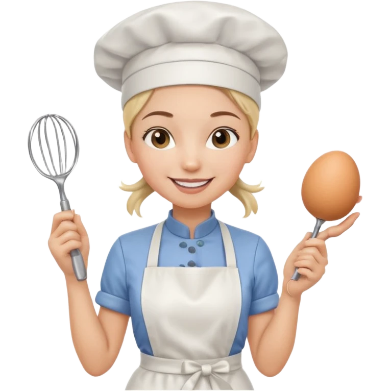 Young female pastry chef - ponytail, apron, wearing a white hat, holding an egg beater in her right hand
 emoji