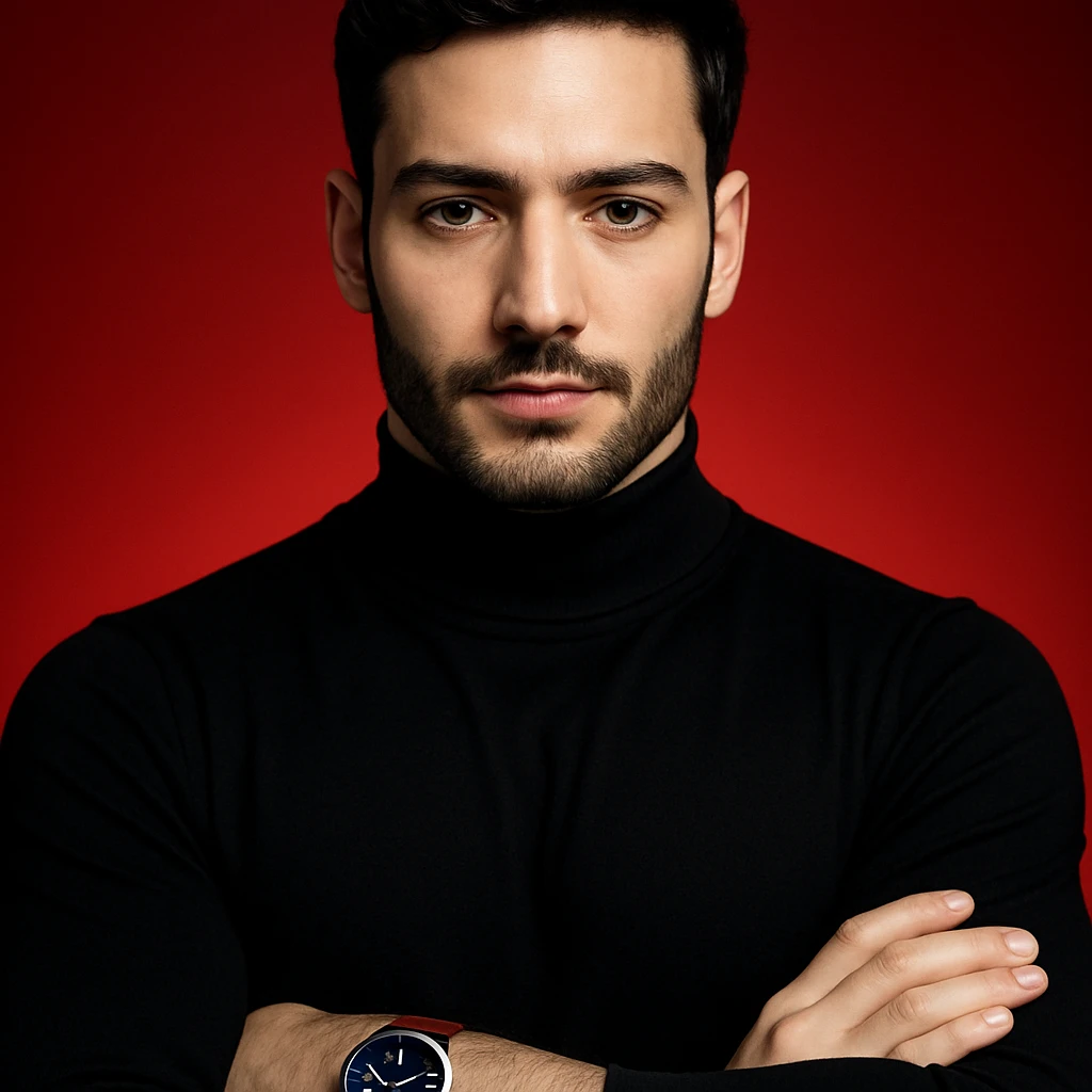 Create an ultra-realistic, high-detail, 4K editorial portrait of the person in the reference image. Emphasize sharp features, flawless fair skin, sleek black hair, and a black turtleneck. The person has arms crossed and wears a wristwatch with a blue dial and brown strap. The background is a bold red gradient with dramatic cinematic lighting. The composition is symmetrical and minimal. This is variation 8. emoji