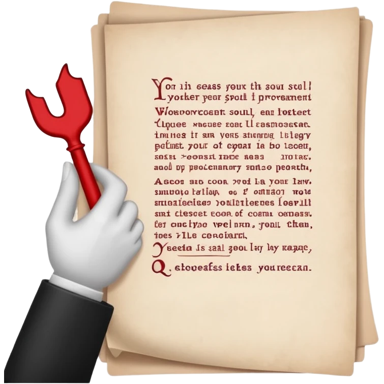 Minimalist emoji-style sticker of a pale hand signing a parchment contract titled “YOUR SOUL” in gothic font, muted red ink, grayscale background emoji