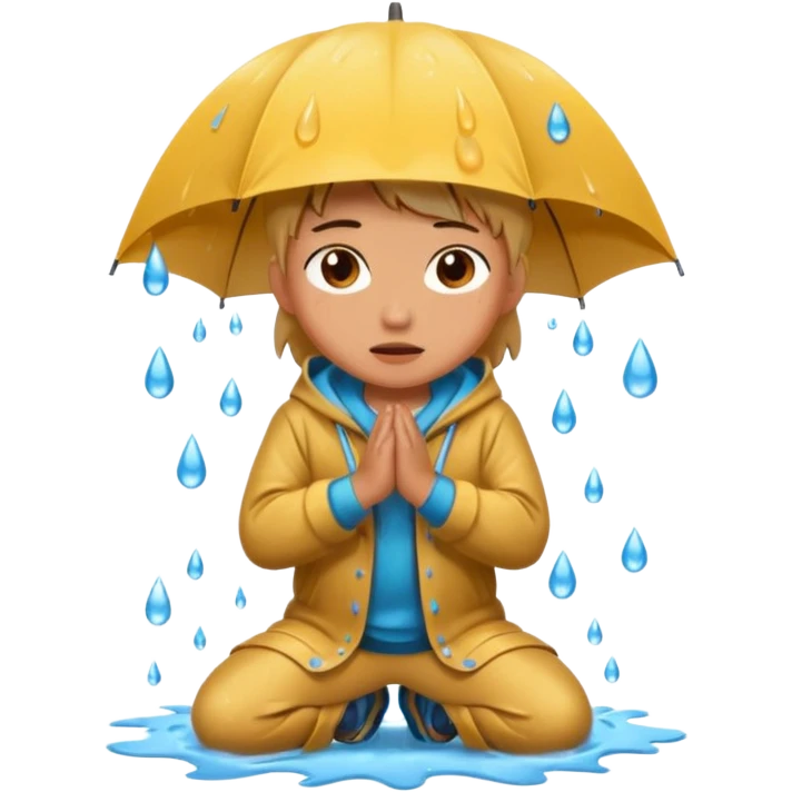 Character kneeling as rain hits the ground, one drop splashing exaggerated emoji