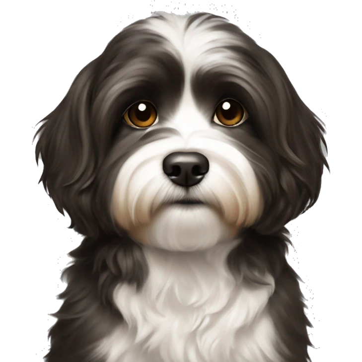 young female artist tan with long dark brown hair painting black+white havanese on a canvas emoji