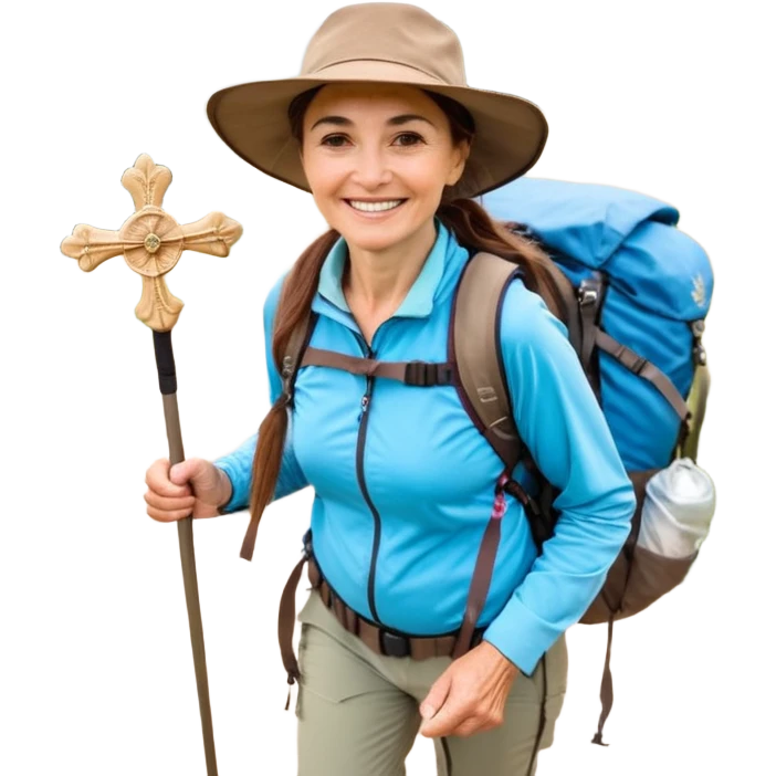 Middle aged women, long brown hair in ponytail with wide brim hiking hat. Walking with backpack and trekking poles. Backpack gas a scallop shell with the cross of saint james hanging from it. She is a pilgrim on the Camino Frances on her way to Santiago de Compostela emoji