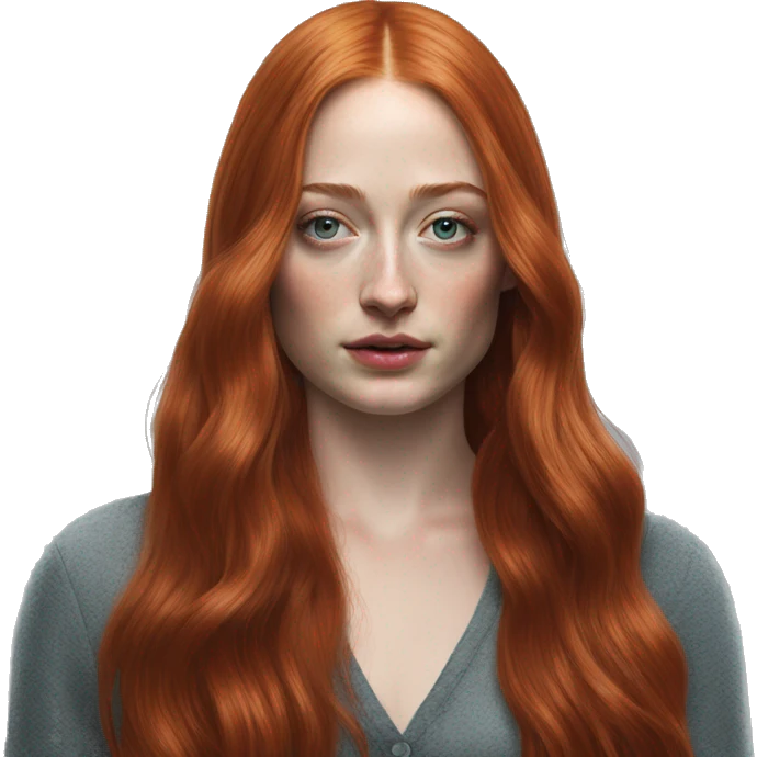 Sophie Turner long red hair, teenager, Sansa Stark, hyperreal, photoreal portrait emoji