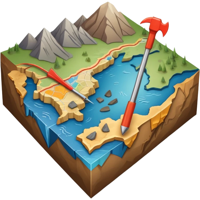 An icon featuring a crowbar and a geological map, and layers of Earth’s crust, symbolizing geology. The design includes mineral samples, fossils, and tectonic plates, representing the study of Earth’s structure and natural processes. Transparent background highlights geological exploration emoji