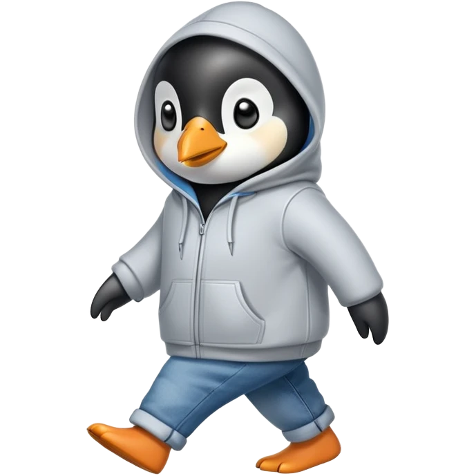 friendly anthropomorphised penguin in a hoodie and jeans brisk walking emoji
