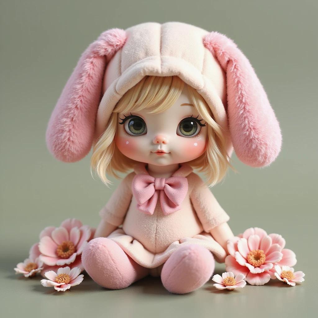 My Melody character, photorealistic style, sitting pose, surrounded by real flowers emoji