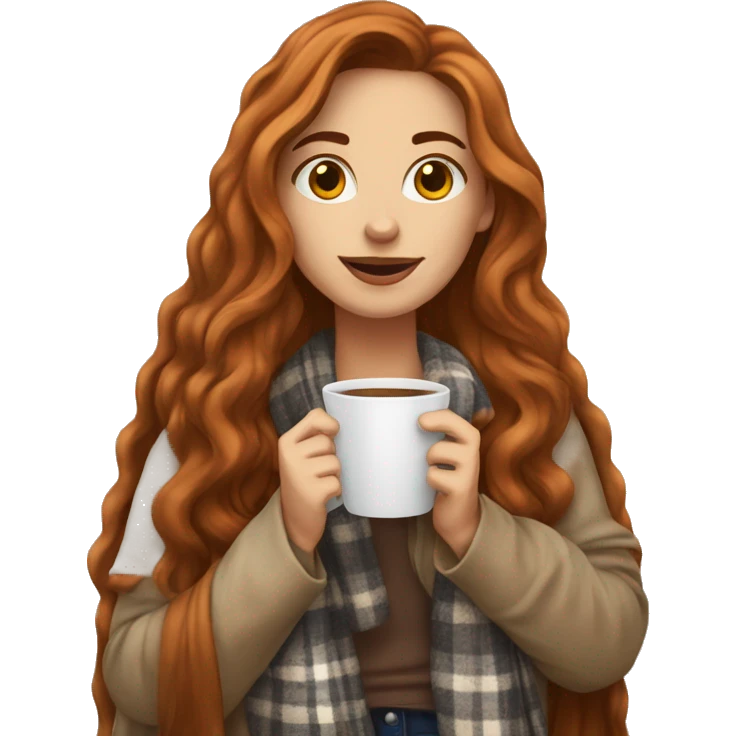 Auburn long haired girl in with a blanket and a latté coffe emoji