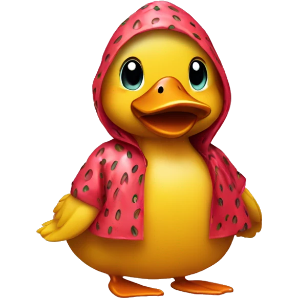 A duck wearing a strawberry raincoat emoji
