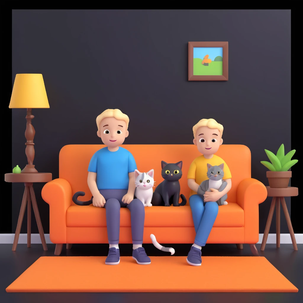 boy and cat pet, living room background emoji