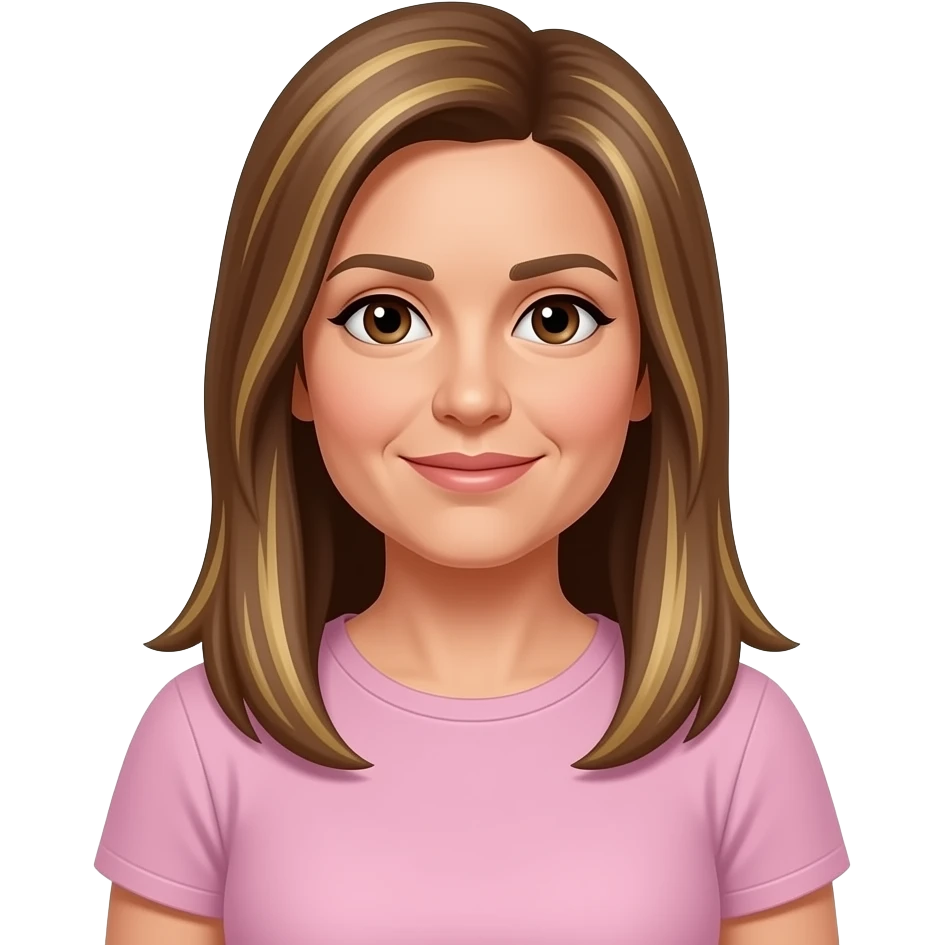 LI - woman, brown eyes, early 50s, brown long straight hair with a few blonde highlights, light pink t-shirt and light skin emoji