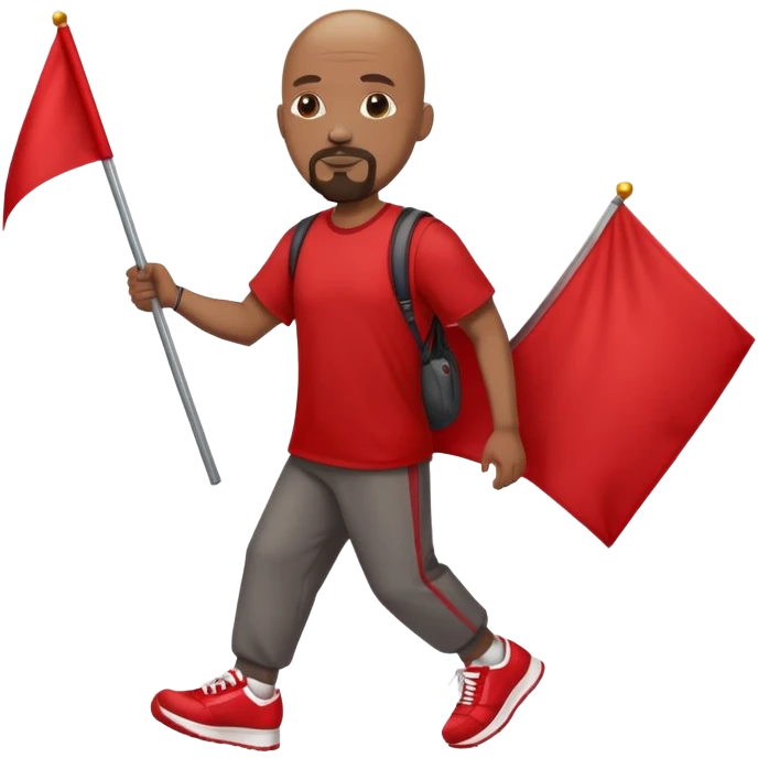 Bald black man with a white goatee in sneakers carrying a red flag emoji