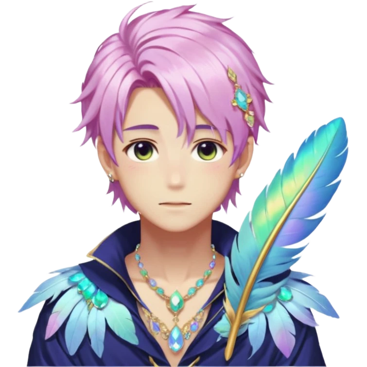 Beautiful gorgeous anime man with beautiful iridescent-special-hair, fashion aesthetic, ethereal, fairycore, pastelcore, feather, flower, gems, accessories, jewelries, gold, colorful emoji