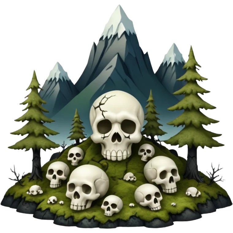 A surreal Alaskan night scape with mountains moss and moss covered trees with skulls coming out of the ground emoji