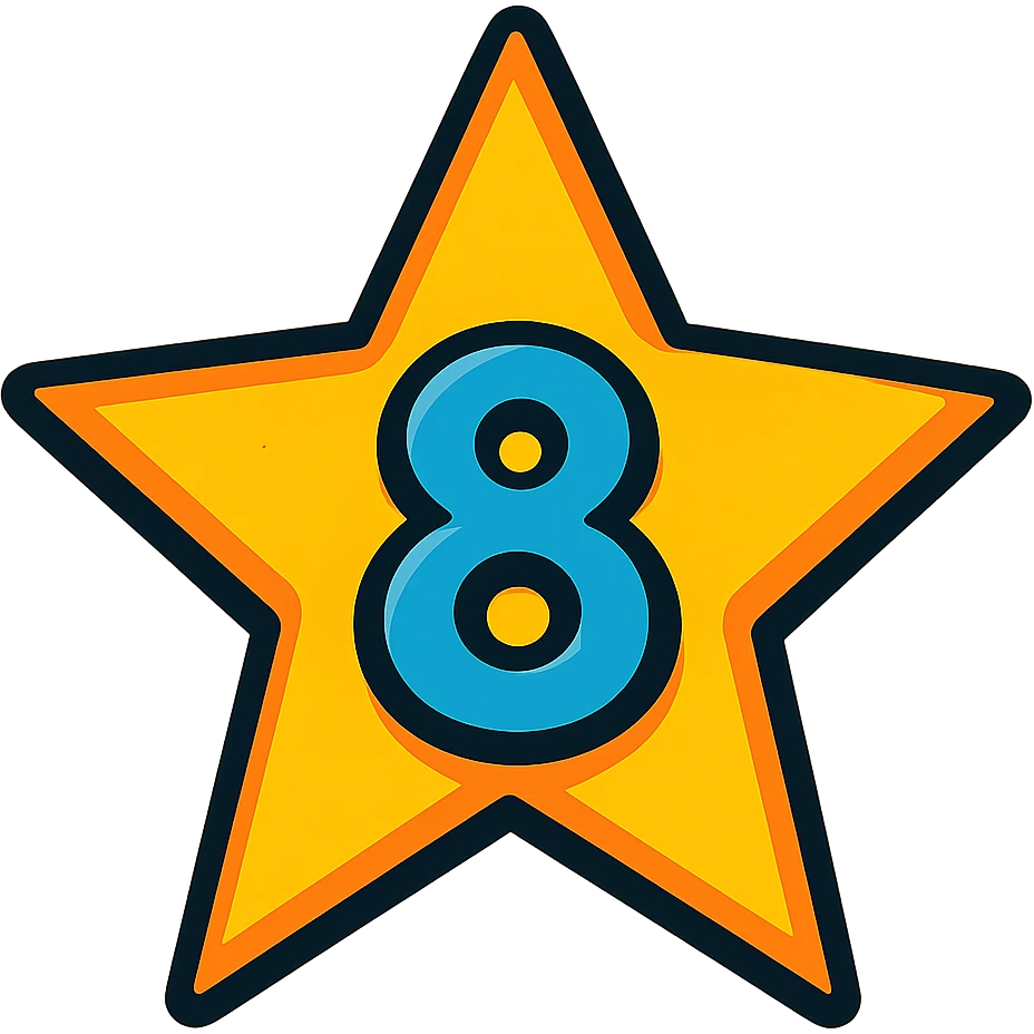 five-pointed star with the number 8 centered inside, vibrant toon style emoji