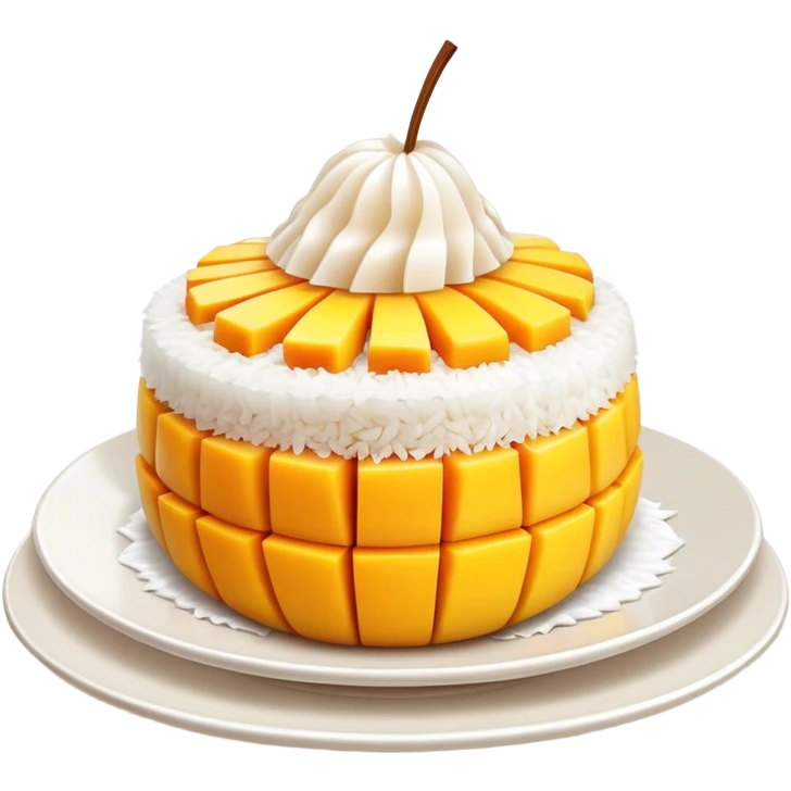 Mango Sticky Rice Cinematic Realistic Mango Sticky Rice Dessert Emoji, depicted as sticky rice drizzled with coconut milk topped with a layer of coconut cream, accompanied by sliced mango on the side of the plate, rendered with vivid textures and warm, tropical lighting. emoji