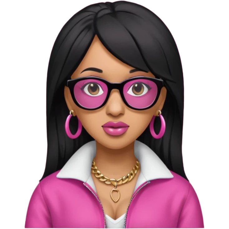 rapper Cardi B black hair, pink cloth wear black glasses emoji