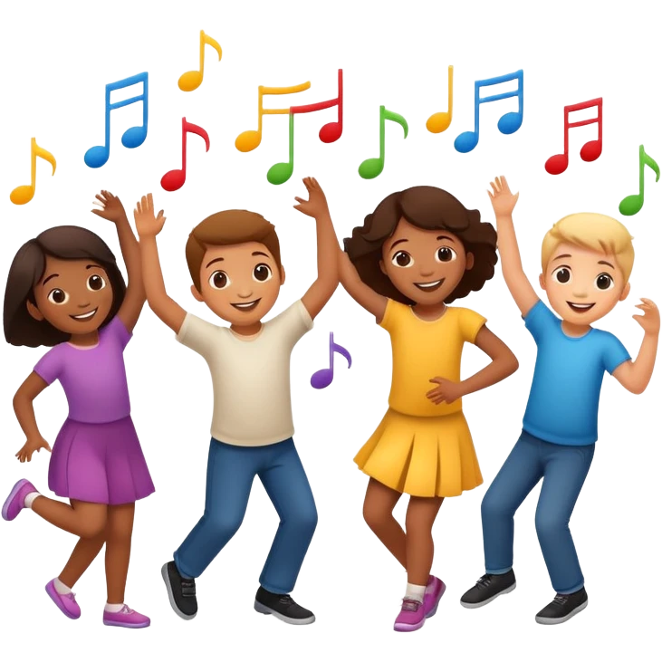 group of children dancing with music notes, fun and friendly emoji
