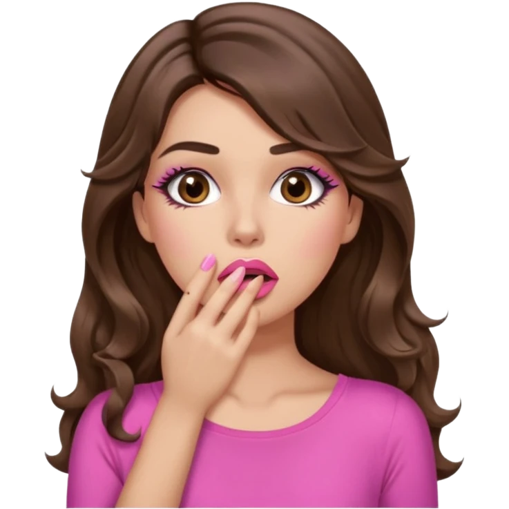 girl with long wavy brown hair, brown eyes, long lashes makeup, sexy pink lips, light to medium complexion, pink sexy top, shocked, hand covering mouth emoji