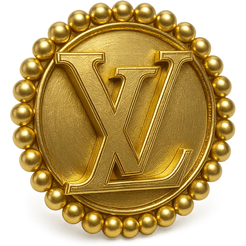 Louis Vuitton monogram in metallic gold style, elegant and classic, with a pearl border emoji