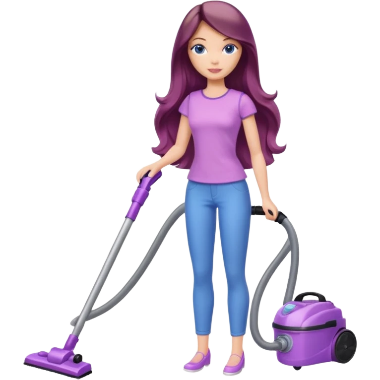 beautiful barbie girl with long brown hair, blue eyes and wearing light purple clothes, cleaning and vacuuming emoji
