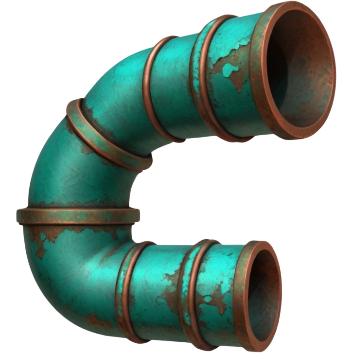 3D render of Garden Pipe, heavily oxidized copper texture, verdigris patina, Pipe joint with teal oxidation, weathered bronze aesthetic, ancient decay, emoji style, isolated on white background --v 6.0. emoji