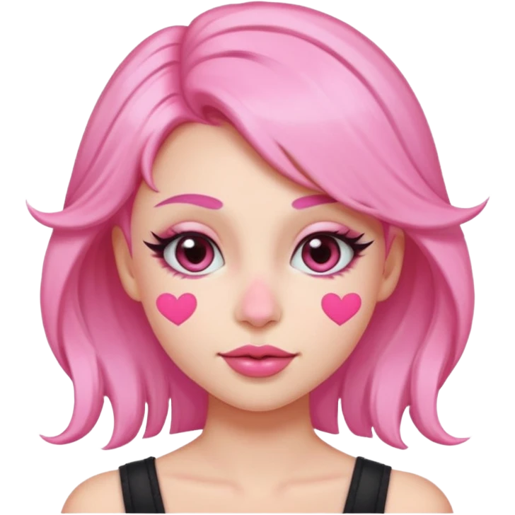 “Emoji girl, pastel pink streaks in hair, bold winged eyeliner, heavy blush on cheeks and nose bridge, under-eye hearts, glossy pink lips, playful smirk.” emoji