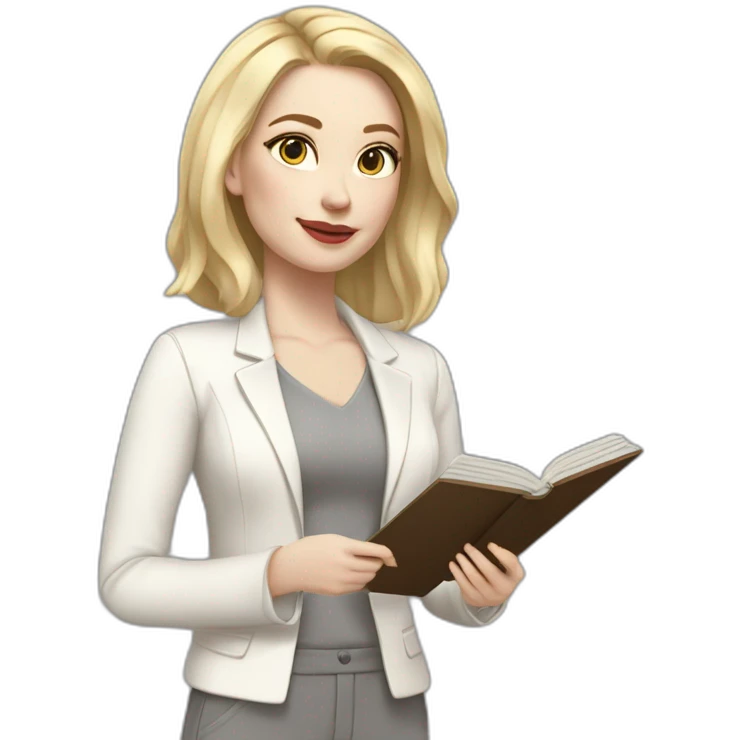 pale skin woman with blonde straight line Hair to shoulders, White classical jacket, Gray Palazzo pants holding a color palette in the hands emoji