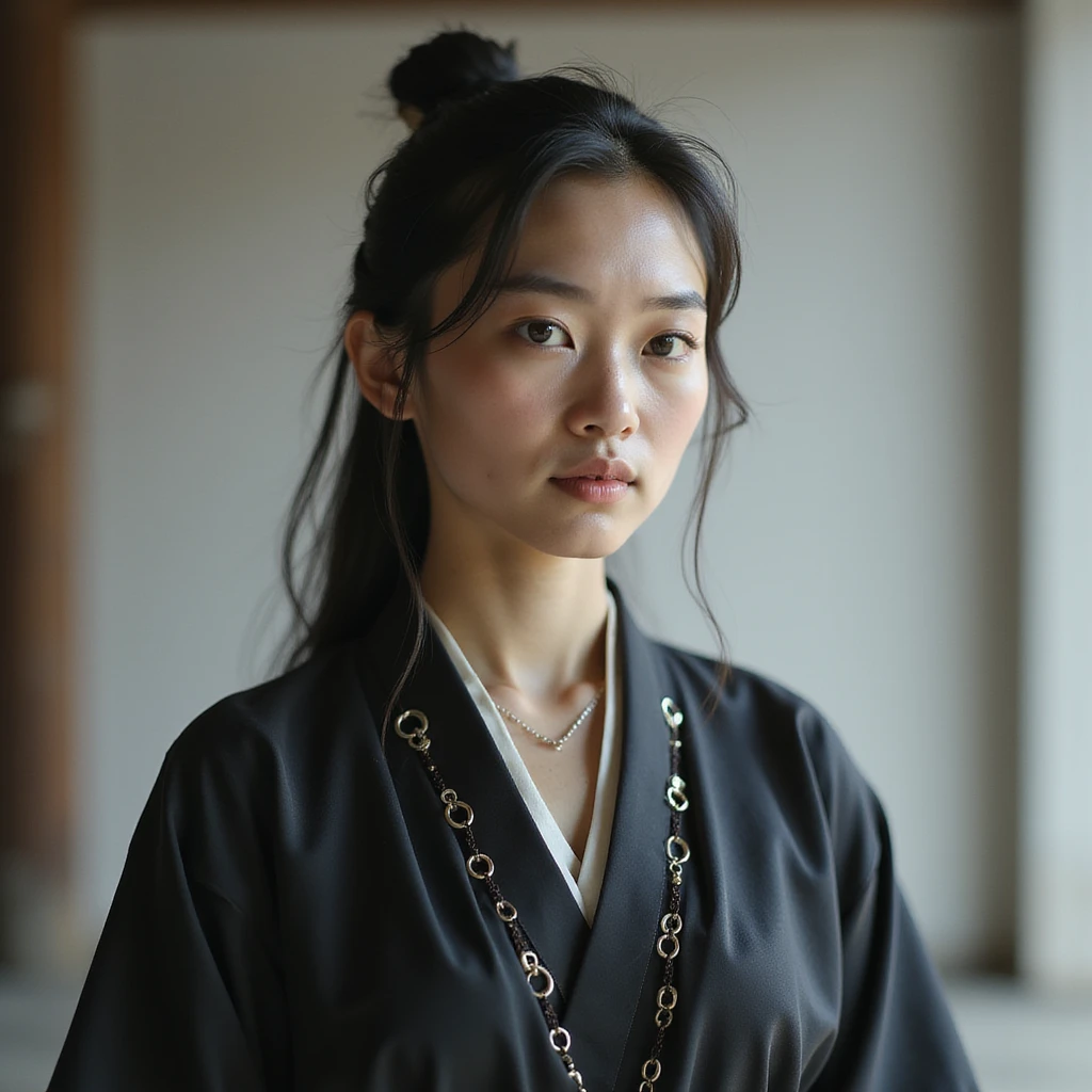 realistic AI chatbot with a calm, wise samurai-inspired appearance, subtle futuristic elements, sleek attire blending traditional and contemporary, peaceful expression, poised posture, tranquil setting, aura of focus and mindfulness emoji