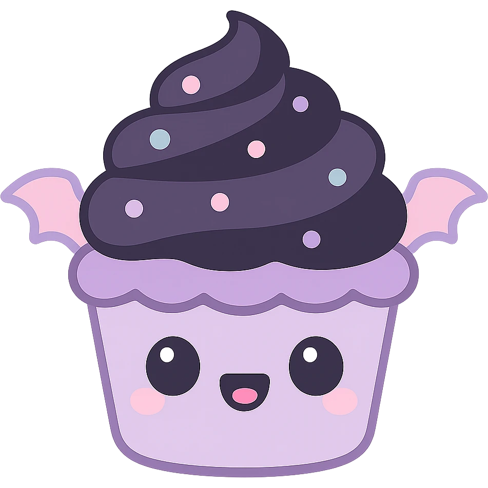 kawaii style gothic cupcake, cute face, dark purple and black icing, tiny bat wings, pastel accents, playful yet spooky emoji