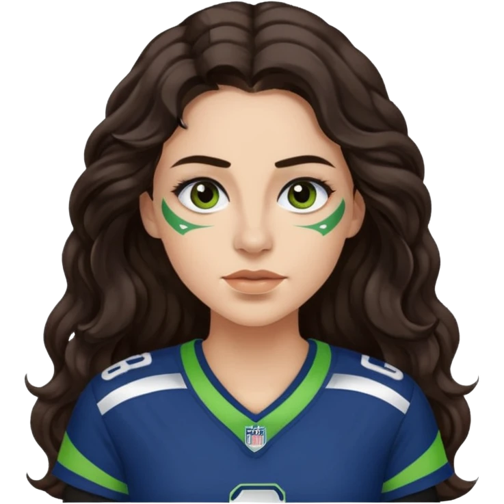 Long wavy Dark brown hair with small nose stud of seahawks fan women emoji