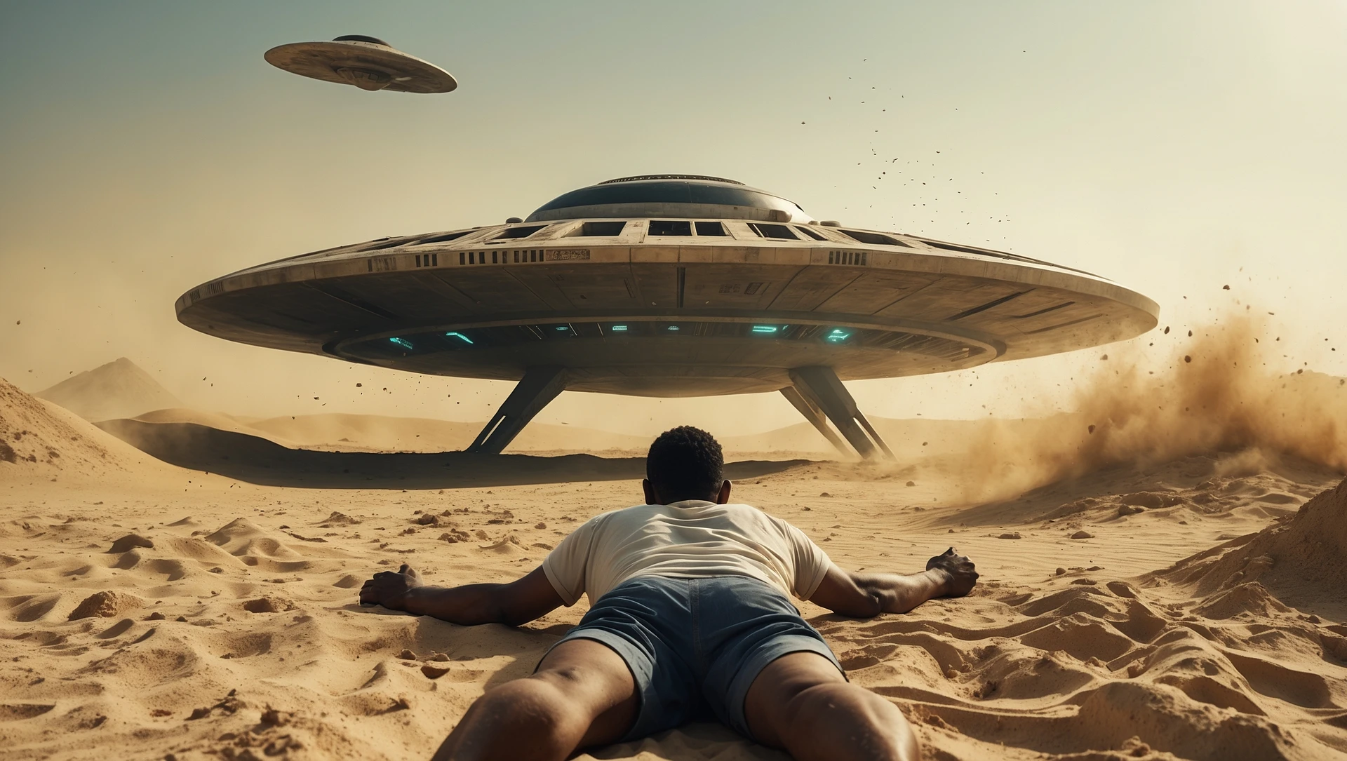 cinematic still, documentary photography, acient egypt, back shot of a man on ground laying front of ufo starship, sand flying around, dynamic scane, leading lines, captured by arri alexa emoji