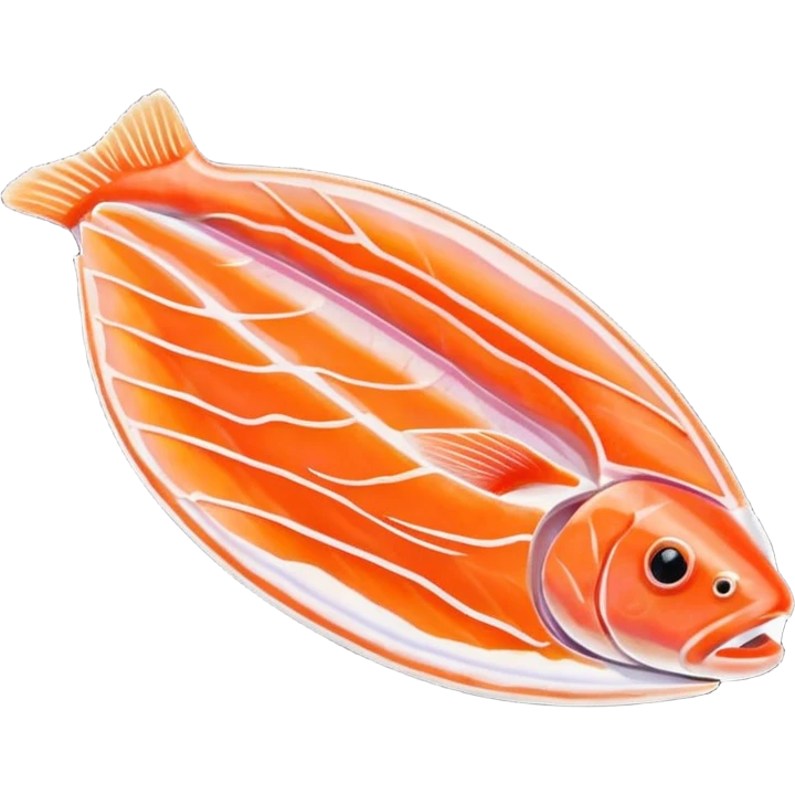 single thin slice of smoked trout, soft orange-pink color, smooth and translucent texture, gentle natural curves, slight marbling, glossy surface, irregular edges, subtle folds, no plate or garnish, soft lighting, subtle shadows, transparent background, emoji scale emoji