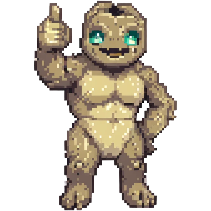 pixel art Geodude with one arm raised in a thumbs up, classic video game style emoji