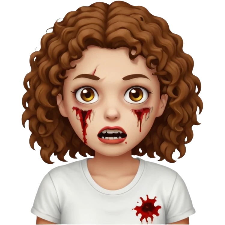 Zombie girl with curly brown hair como emoji de iphone y con la boca un poco lastimada haz que tenga una simple remera blanca puesta emoji