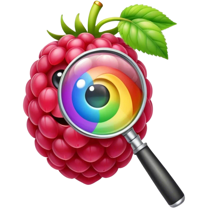 a raspberry holds a rainbow colored magnifier with its budding from handle of magnifier emoji