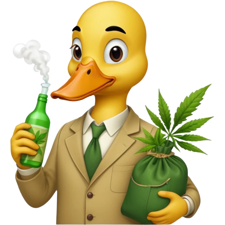Drunk and high duck animal holding weed bottle and a bag of weed. Looking sloshed emoji