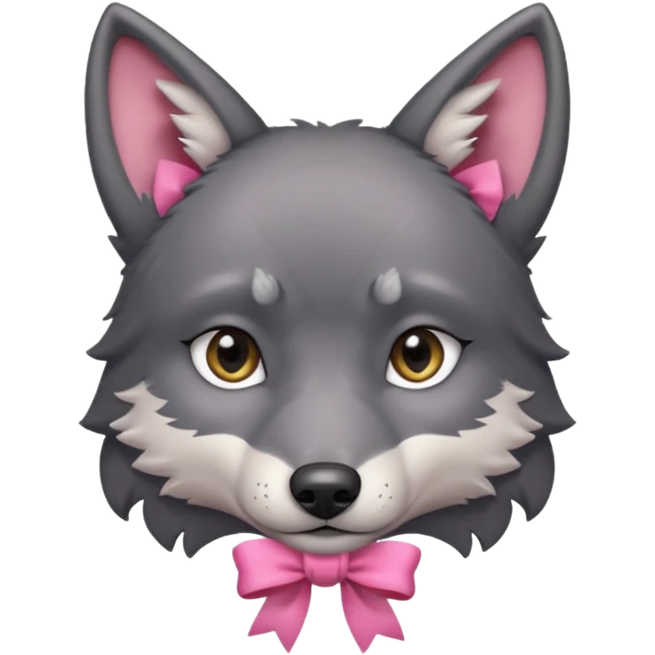 Pleading sad Face cute dark grey wolf with a pink ribbon io his ear head emoji
