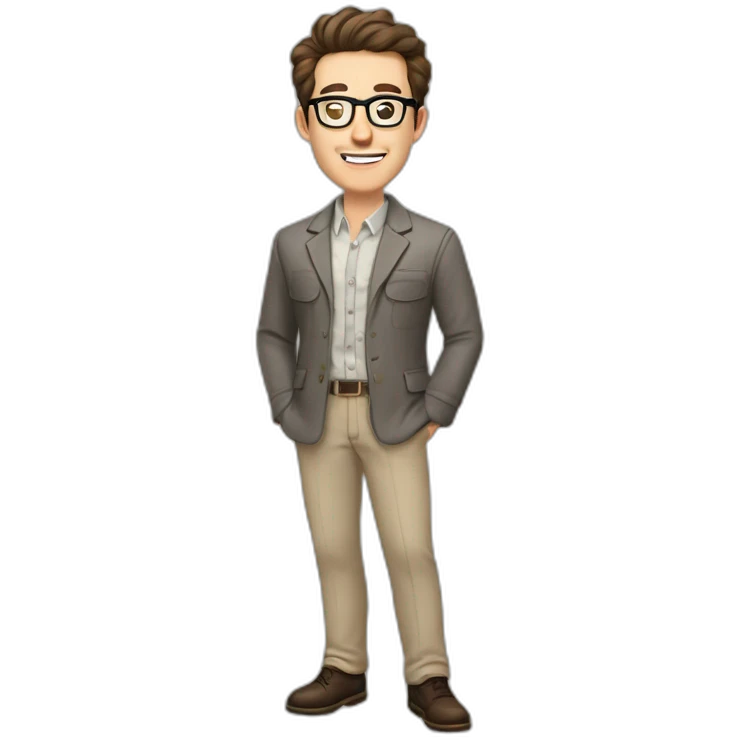 Joyful Full height Pale skinned Fit Man With dark brown hair in gray classic jacket, beige office shirt, Brown pants and vintage glasses. His thrumbs up emoji