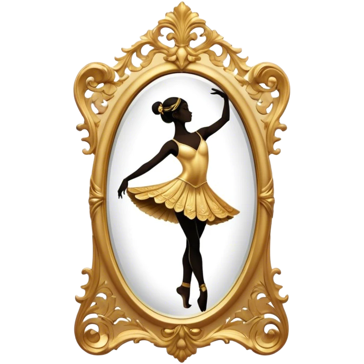 Cinematic Realistic Mirror, a large, ornate mirror reflecting a dancer’s poised silhouette, soft golden light creating depth, slight smudges on the glass adding realism, glowing with a timeless and artistic presence. emoji