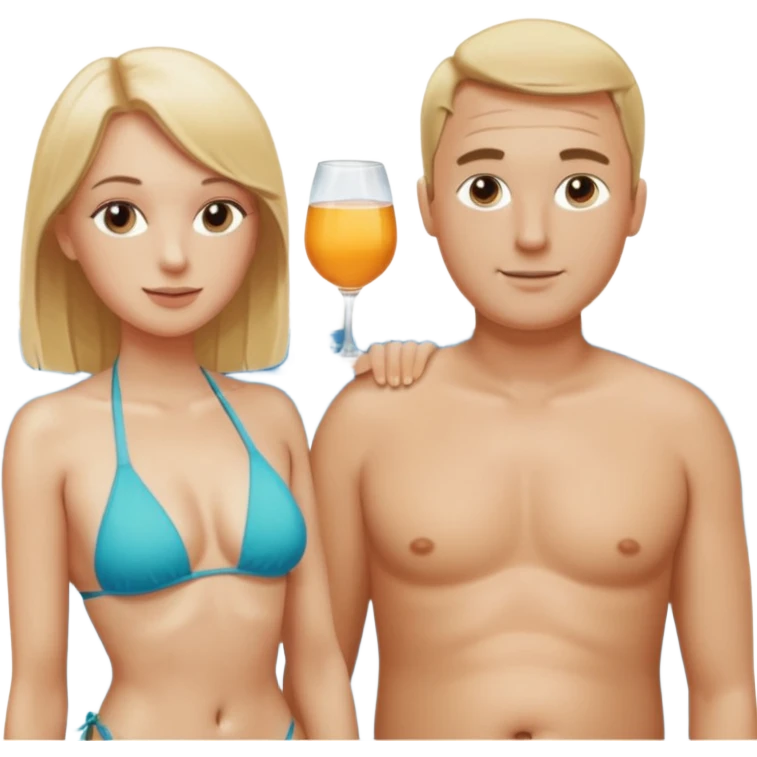 Emoji, 2 alte personen an der poolbar: 1x Frau sehr schlank mit mittellangem, blondem Haar, Bikini/ 1xMann: dicker Bauch, Halbglatze, Badeshorts.  emoji