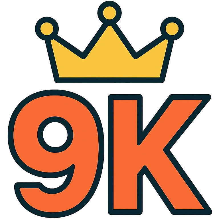 the lettering '9k' with a stylized crown above, bold and modern style emoji