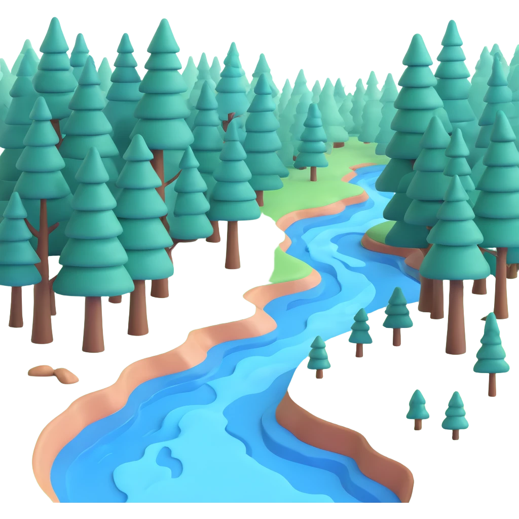 forest with a blue river flowing through trees emoji