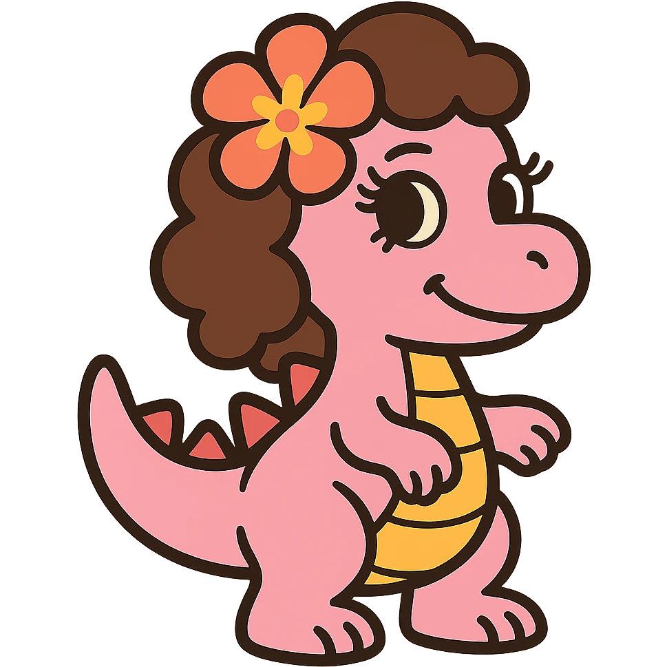 pastel pink dinosaur with brown curly hair, a Hawaiian flower in her hair, brown eyes, and long eyelashes, vibrant illustration style emoji